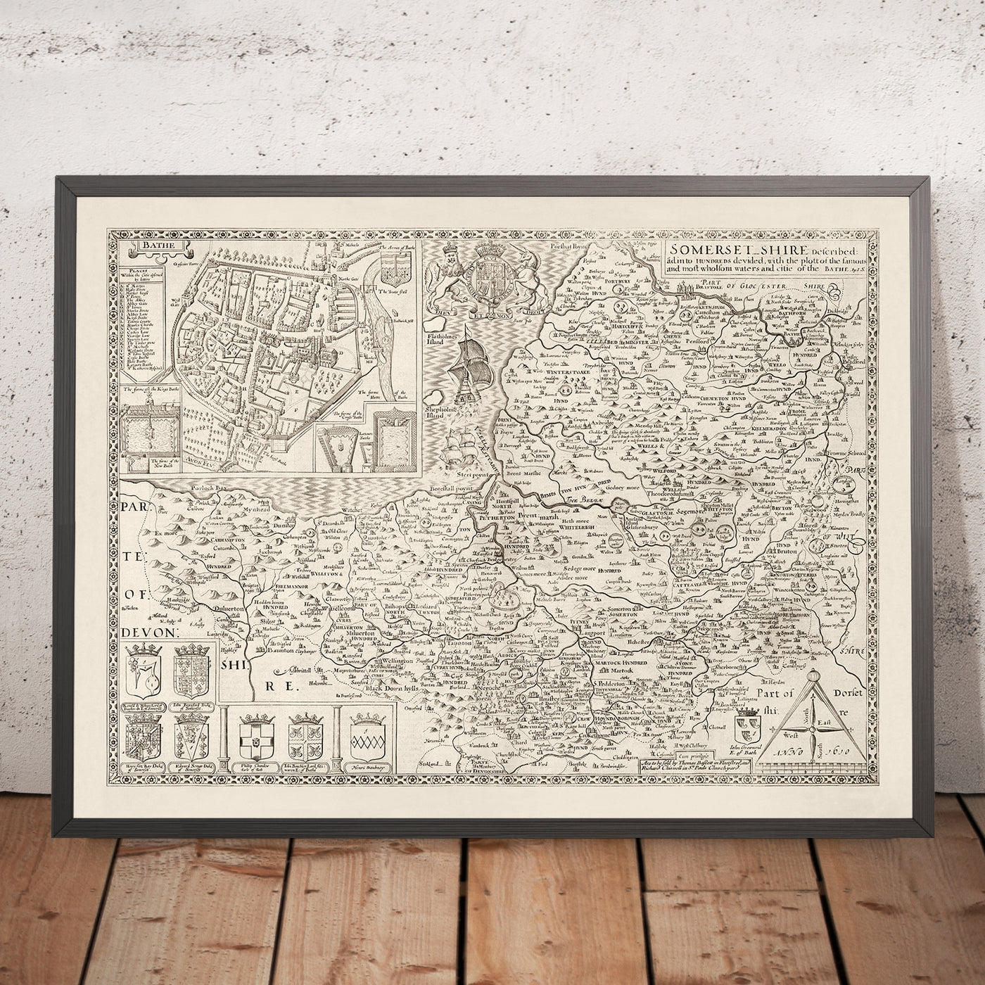 Ancienne carte de Somerset en 1611 par John Speed ​​- Bath, Portishead, Weston-Super-Mare, Taunton, Yeovil