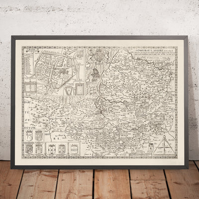 Ancienne carte de Somerset en 1611 par John Speed ​​- Bath, Portishead, Weston-Super-Mare, Taunton, Yeovil