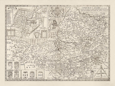 Ancienne carte de Somerset en 1611 par John Speed ​​- Bath, Portishead, Weston-Super-Mare, Taunton, Yeovil