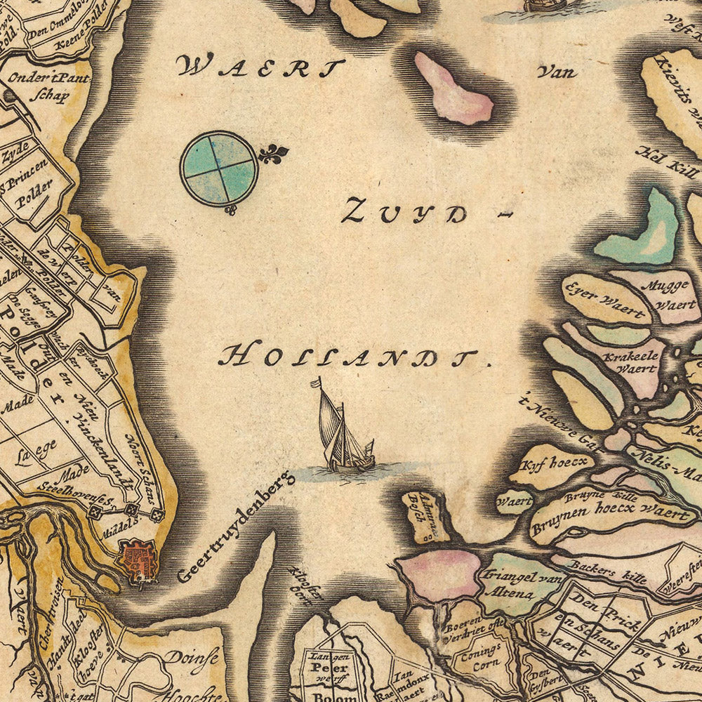 Old Map of South Holland by Visscher, 1690: Dordrecht, Breda, Roosendaal, Gouda, De Biesbosch National Park