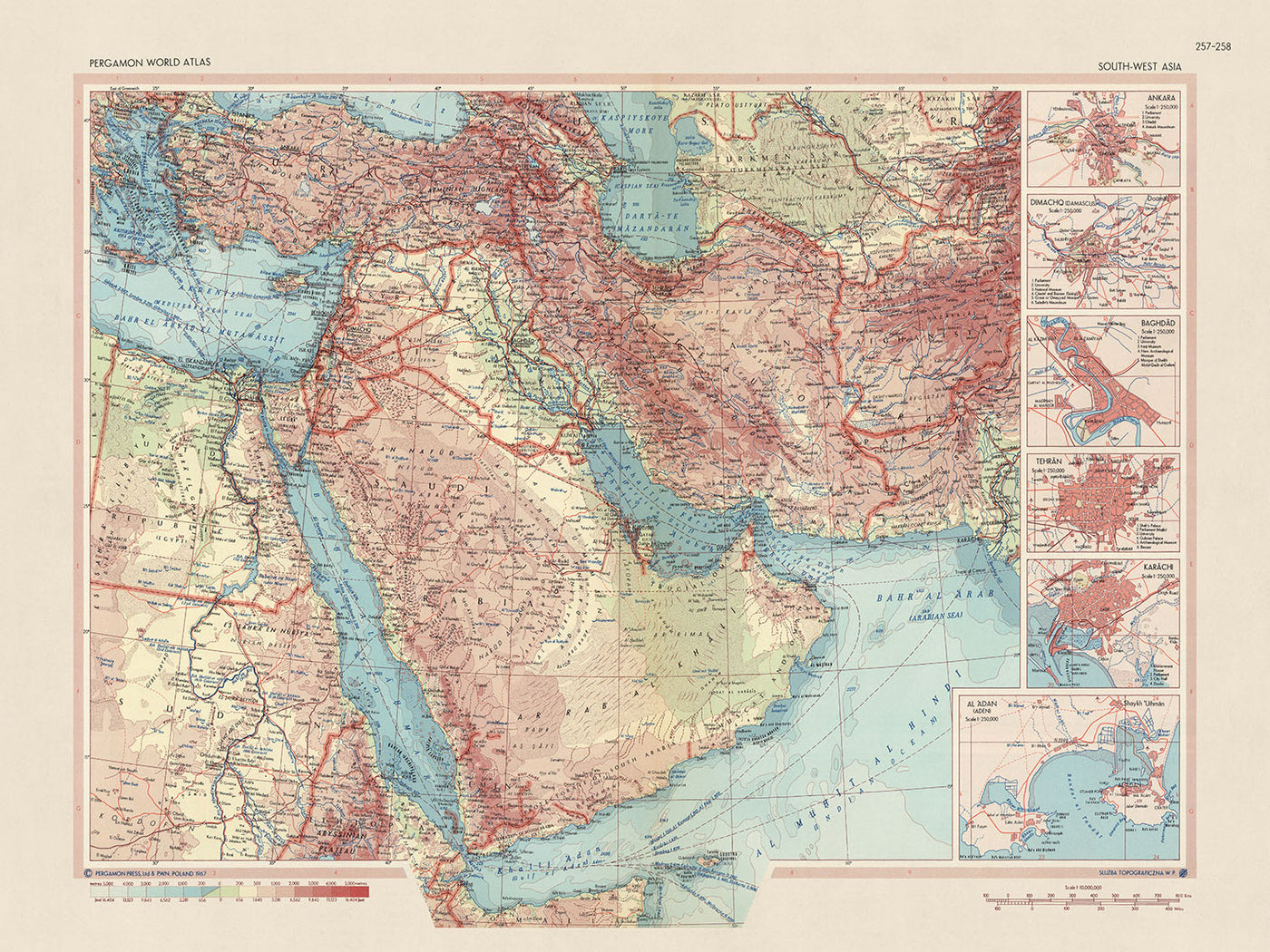 Mapa del Viejo Mundo del Sudoeste de Asia por el Servicio de Topografía del Ejército Polaco, 1967: Mapa político y físico detallado del Medio Oriente
