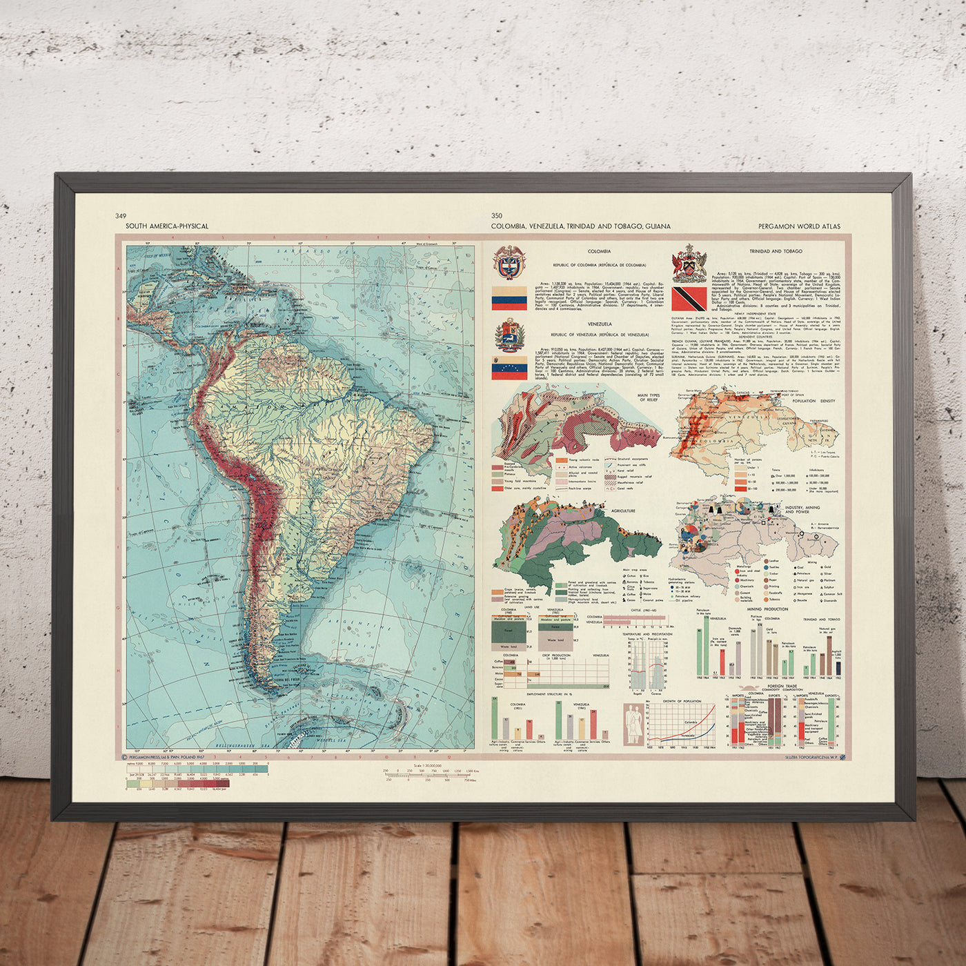 Old Map of South America, 1967: Detailed Physical & Political Map, With Small Infographics