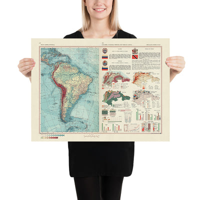 Old Map of South America, 1967: Detailed Physical & Political Map, With Small Infographics