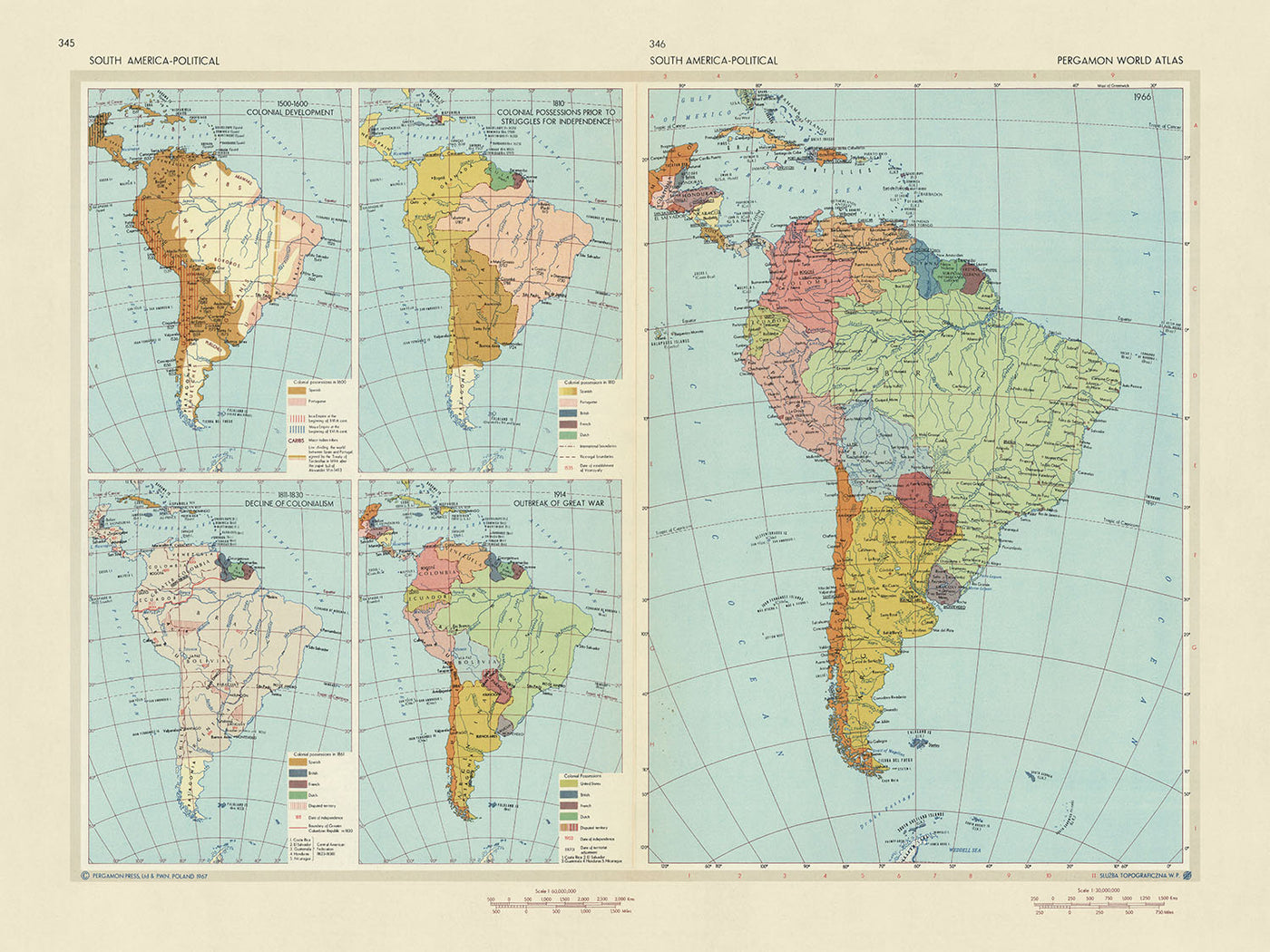 Ancienne carte infographique de l'Amérique du Sud, politique et historique, 1967 : développement colonial, luttes pour l'indépendance et infographies