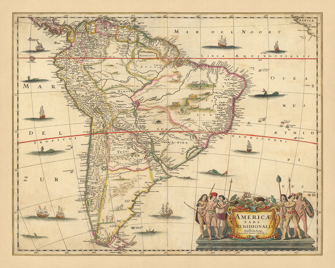 Old Map of South America by Visscher, 1690: Brasilia, Buenos Aires, Falkland Islands, Galapagos Islands, Amazon Rainforest