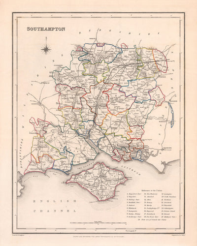 Ancienne carte de Southampton par Samuel Lewis, 1844 : Winchester, Portsmouth, Basingstoke, Andover, Romsey