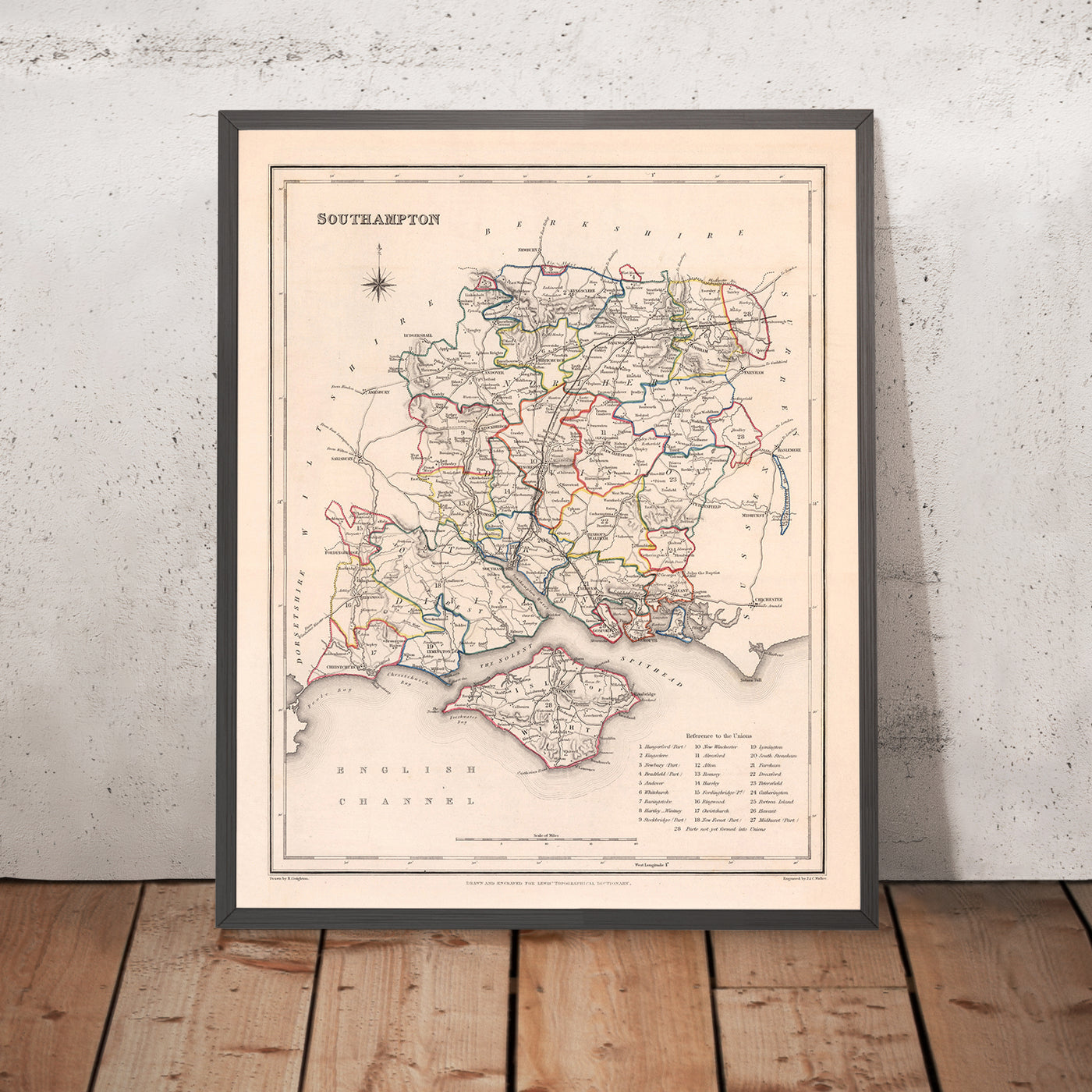 Alte Karte von Southampton von Samuel Lewis, 1844: Winchester, Portsmouth, Basingstoke, Andover, Romsey