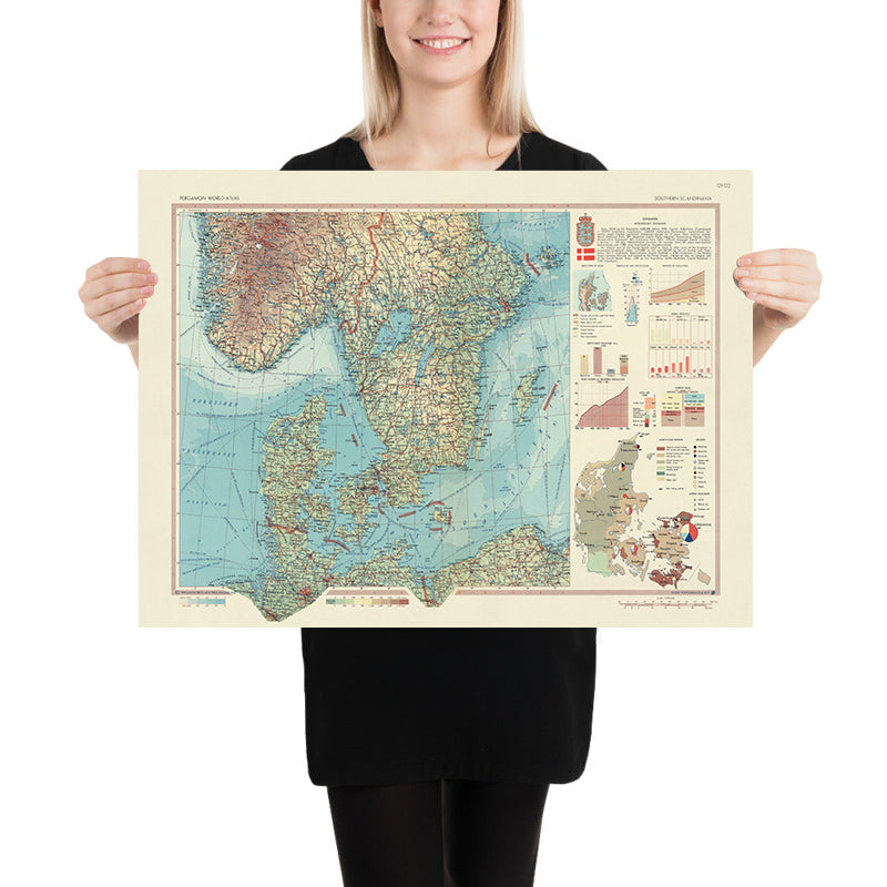 Old Map of Denmark, 1967: Copenhagen, Stockholm, Oslo, Aarhus, Odense, Aalborg, Esbjerg