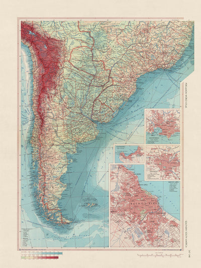 Old Map of Southern South America, 1967: Patagonia, Montevideo, Valparaiso, Santiago, Buenos Aires, and Brasilia