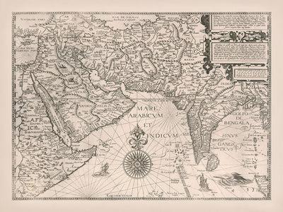 Ancienne carte du Moyen-Orient et de l'Asie du Sud par Linschoten, 1595 : détaillée, ornée, historiquement significative