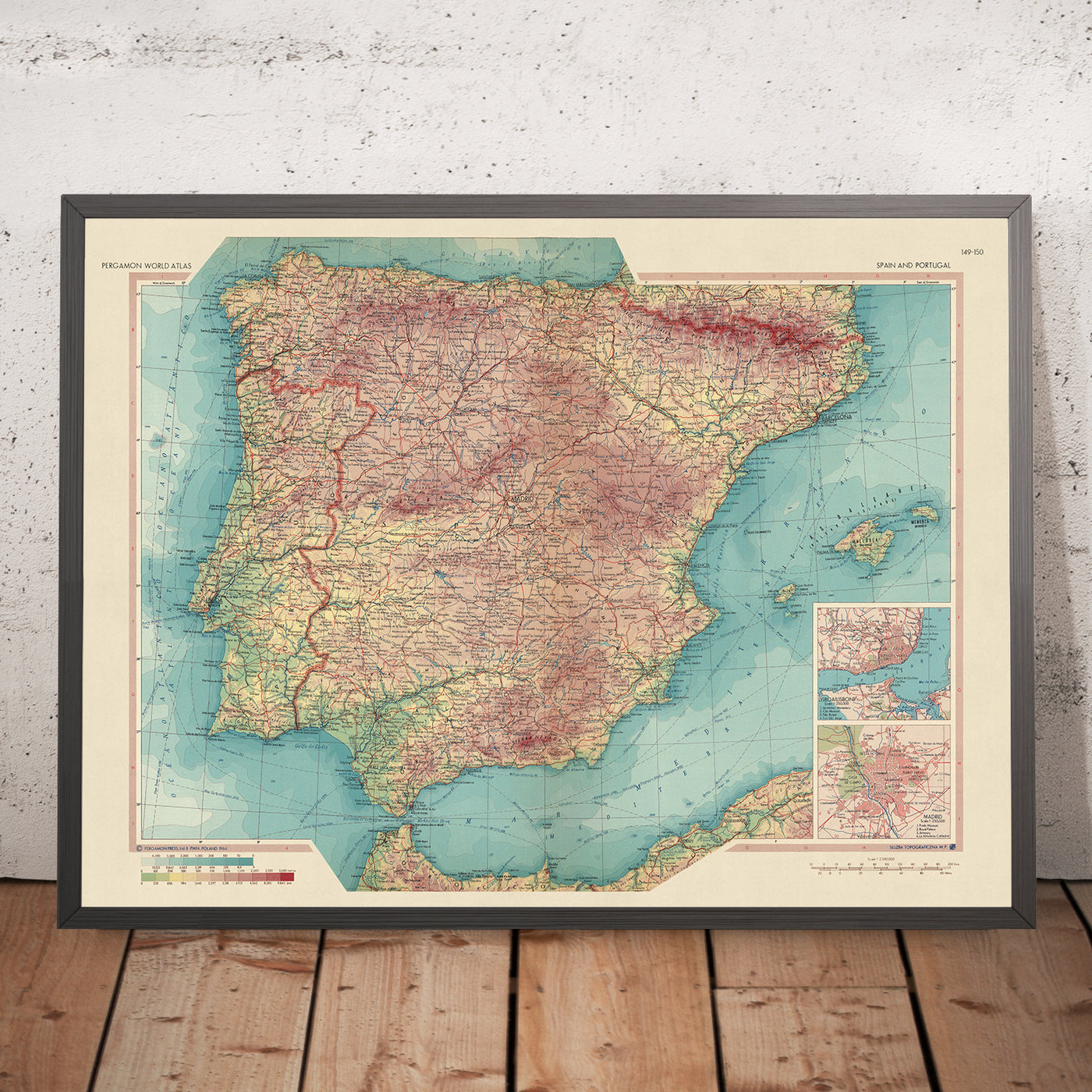 Mapa antiguo de España y Portugal, 1967: Madrid, Barcelona, Valencia, Sevilla, Lisboa