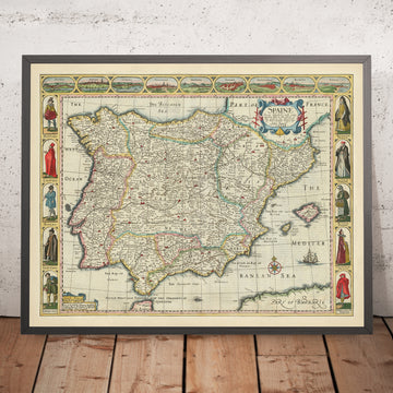Antica mappa di Spagna e Portogallo di Speed, 1626: Madrid, Lisbona, Gibilterra, Mare di Biscaglia, vita culturale 