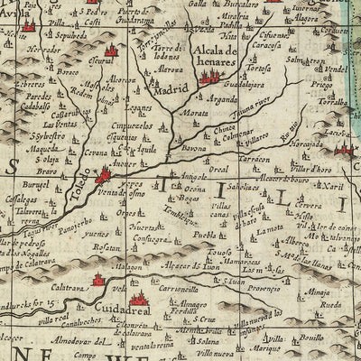 Ancienne carte de l'Espagne et du Portugal à grande vitesse, 1626 : Madrid, Lisbonne, Gibraltar, mer de Gascogne, costumes