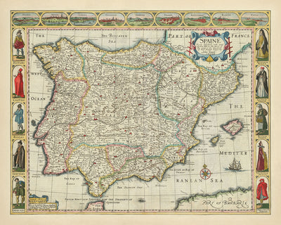 Mapa antiguo de España y Portugal de Speed, 1626: Madrid, Lisboa, Gibraltar, mar de Vizcaya, disfraces