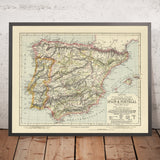 Ancienne carte des vins d'Espagne et du Portugal, 1883 : régions viticoles de vin rouge, vin blanc, liqueur 
