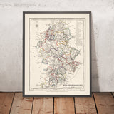 Ancienne carte du Staffordshire par Samuel Lewis, 1844 : Wolverhampton, Stoke-on-Trent, Lichfield, Tamworth, Cannock Chase