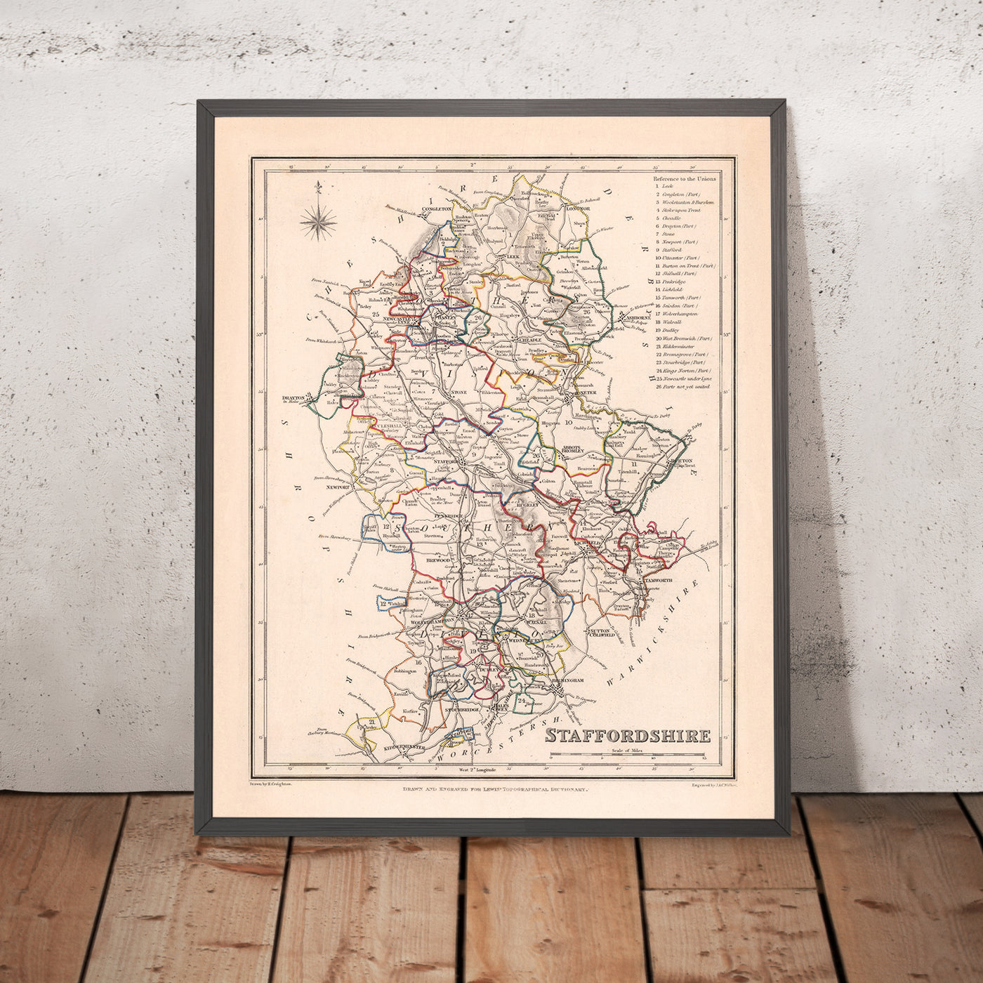 Alte Karte von Staffordshire von Samuel Lewis, 1844: Wolverhampton, Stoke-on-Trent, Lichfield, Tamworth, Cannock Chase