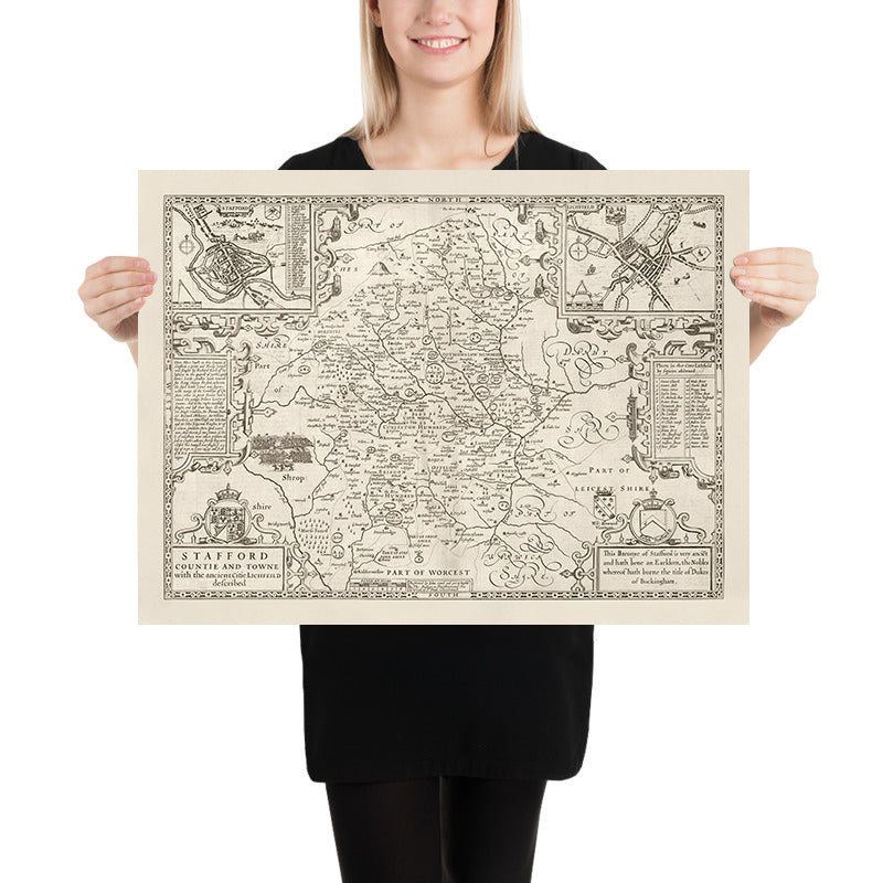 Vecchia mappa monocromatica del Staffordshire, 1611 di John Speed - Stafford, Wolverhampton, Stoke-on-Trent, Birmingham, Walsall, Dudley 