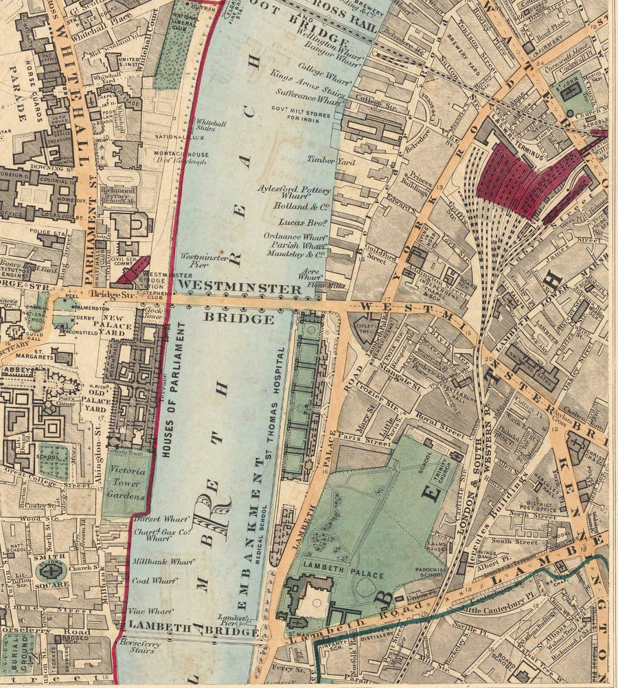 Antiguo mapa en color del centro de Londres, 1891 - Mayfair, Oxford Street, Westminster, Knightsbridge, Waterloo - W1, WC1, WC2, SW1, W2
