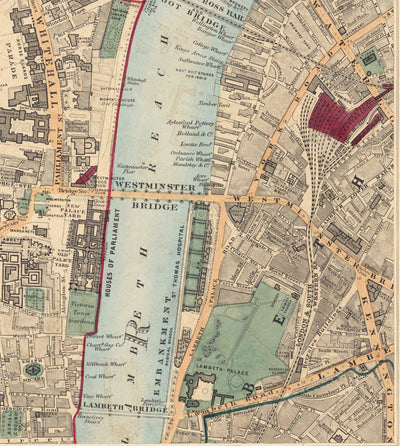 Old Colour Map of Central London, 1891 - Mayfair, Oxford Street, Westminster, Knightsbridge, Waterloo - W1, WC1, WC2, SW1, W2
