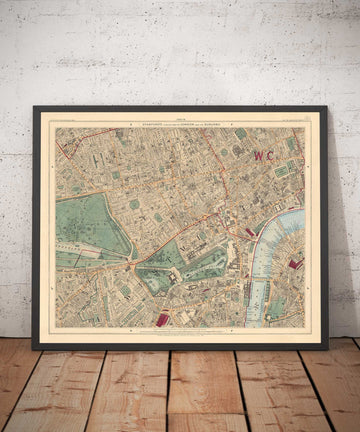 Mappa dei colori antica di Londra centrale, 1891 - Mayfair, Oxford Street, Westminster, Knightsbridge, Waterloo - W1, WC1, WC2, SW1, W2 