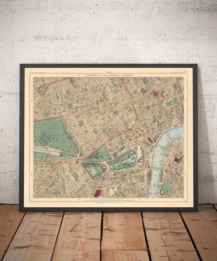 Antiguo mapa en color del centro de Londres, 1891 - Mayfair, Oxford Street, Westminster, Knightsbridge, Waterloo - W1, WC1, WC2, SW1, W2