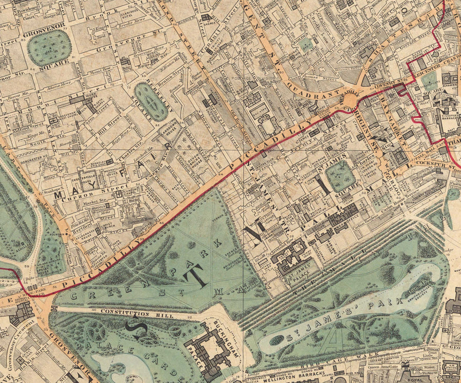 Antiguo mapa en color del centro de Londres, 1891 - Mayfair, Oxford Street, Westminster, Knightsbridge, Waterloo - W1, WC1, WC2, SW1, W2