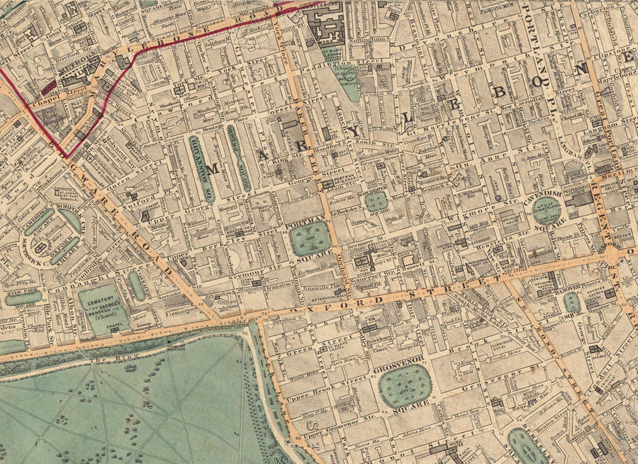Antiguo mapa en color del centro de Londres, 1891 - Mayfair, Oxford Street, Westminster, Knightsbridge, Waterloo - W1, WC1, WC2, SW1, W2