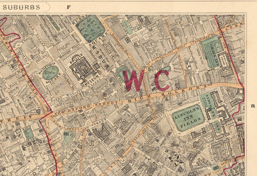 Antiguo mapa en color del centro de Londres, 1891 - Mayfair, Oxford Street, Westminster, Knightsbridge, Waterloo - W1, WC1, WC2, SW1, W2