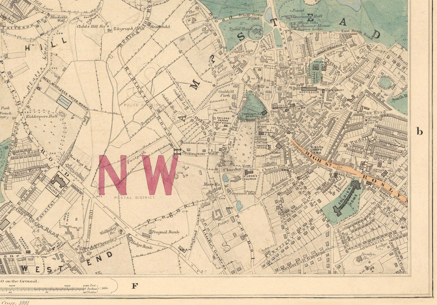 Old Colour Map of North London, 1891 - Hampstead, Cricklewood, Golders Green, Brent - NW2, NW3, NW11, NW4