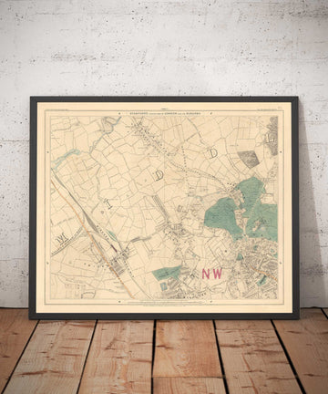 Ancienne carte en couleur du nord de Londres, 1891 - Hampstead, Cricklewood, Golders Green, Brent - NW2, NW3, NW11, NW4