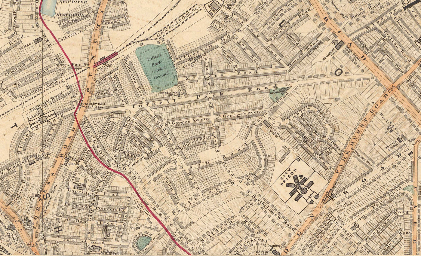 Old Colour Map of North London in 1891 - Highgate, Hampstead Heath, Holloway, Crouch End - N6, N8, N19, N7, NW3 NW5