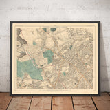 Mappa dei colori antica di Londra Nord nel 1891 - Highgate, Hampstead Heath, Holloway, Crouch End - N6, N8, N19, N7, NW3 NW5 