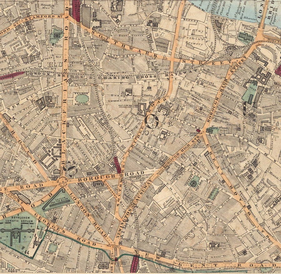 Mappa dei colori antica della città di Londra, 1891 - London Bridge, St Pauls, Liverpool St, Bank, Finsbury, Southwark - EC1 EC2 EC3 EC4 E1 SE1 