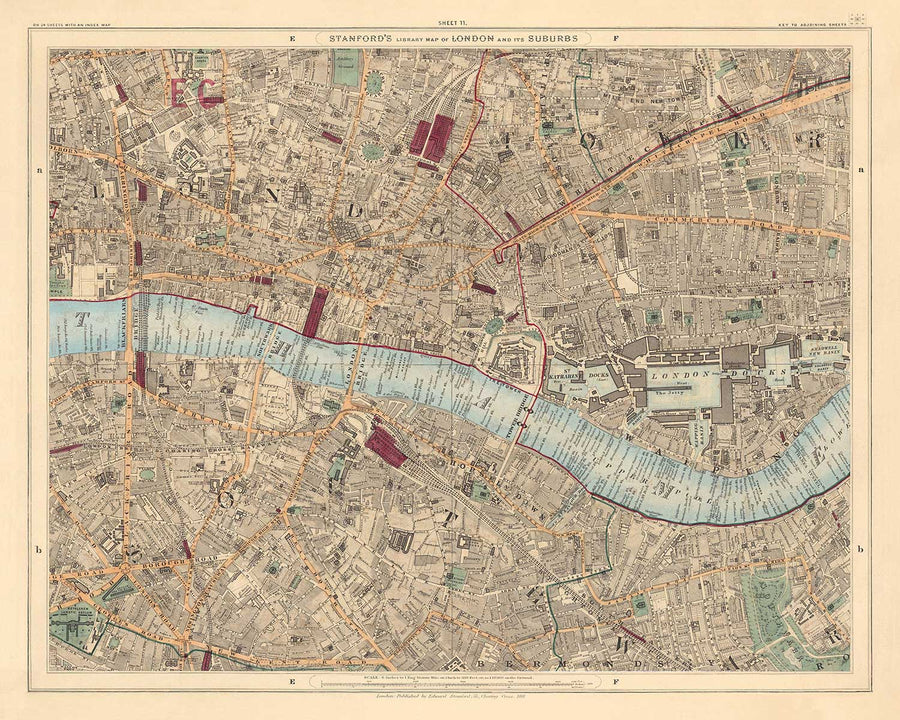 Mappa dei colori antica della città di Londra, 1891 - London Bridge, St Pauls, Liverpool St, Bank, Finsbury, Southwark - EC1 EC2 EC3 EC4 E1 SE1 