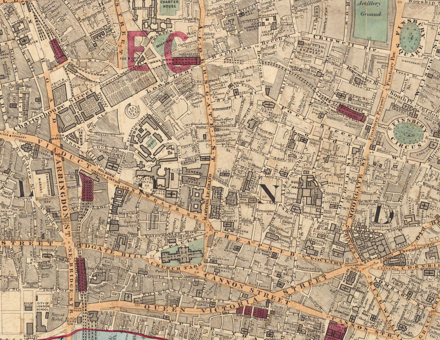 Old Colour Map of City of London, 1891 - London Bridge, St Pauls, Liverpool St, Bank, Finsbury, Southwark - EC1 EC2 EC3 EC4 E1 SE1