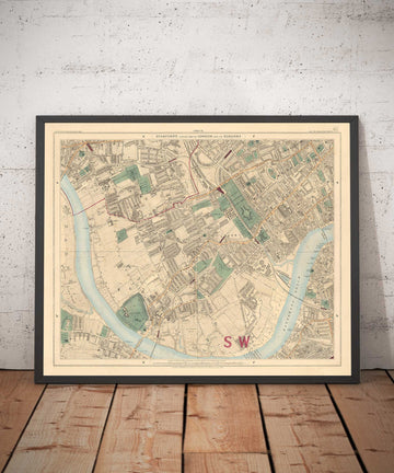 Old Colour Map of West London, 1891- Fulham, Brompton, Battersea, Hammersmith - SW6, SW10, SW15, SW18, SW10, SW11, SW5, W6 W14