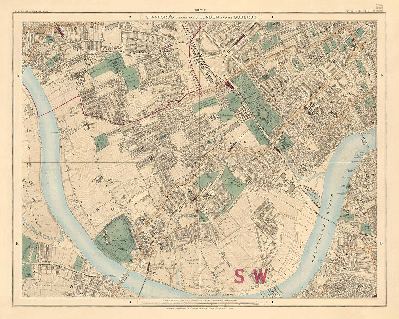 Sw10 Postcode Map Old Colour Map of West London, 1891- Fulham, Brompton, Battersea ...