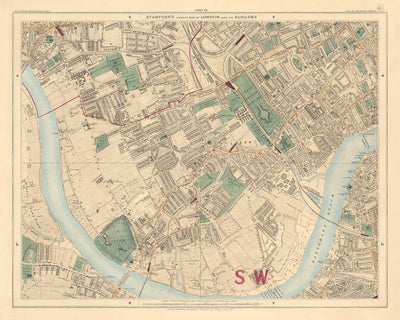 Ancienne carte en couleur de l'ouest de Londres, 1891- Fulham, Brompton, Battersea, Hammersmith - SW6, SW10, SW15, SW18, SW10, SW11, SW5, W6 W14
