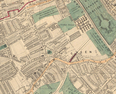 Alte Farbkarte von West London, 1891 - Fulham, Brompton, Battersea, Hammersmith - SW6, SW10, SW15, SW18, SW10, SW11, SW5, W6 W14