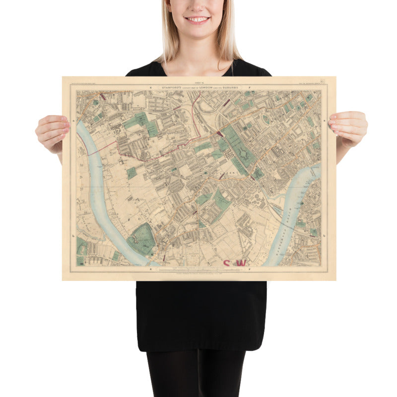 Antiguo mapa en color del oeste de Londres, 1891- Fulham, Brompton, Battersea, Hammersmith - SW6, SW10, SW15, SW18, SW10, SW11, SW5, W6 W14