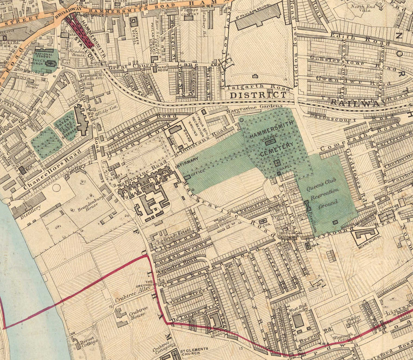 Antiguo mapa en color del oeste de Londres, 1891- Fulham, Brompton, Battersea, Hammersmith - SW6, SW10, SW15, SW18, SW10, SW11, SW5, W6 W14