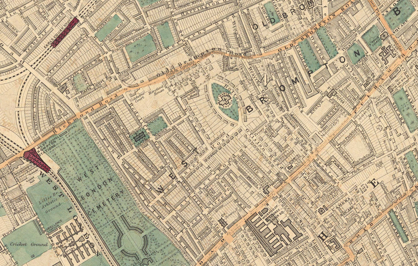 Ancienne carte en couleur de l'ouest de Londres, 1891- Fulham, Brompton, Battersea, Hammersmith - SW6, SW10, SW15, SW18, SW10, SW11, SW5, W6 W14