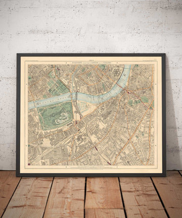 Alte Farbkarte von Südlondon im Jahr 1891 - Battersea, Chelsea, Oval, Stockwell, Wandsworth - SW3, SW1, SE11, SW8, SW11, SW9, SW4 