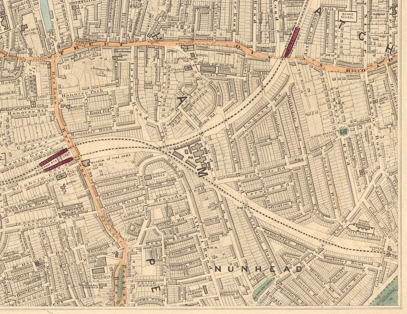 Old Colour Map of South London in 1891 - Camberwell, Peckham, Walworth, Nunhead, Old Kent Road - SE5, SE17, SE15, SE1, SE16