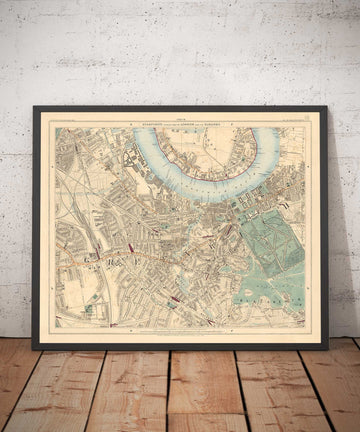 Mappa Colore Antica di Londra Sud nel 1891 - Greenwich, Deptford, New Cross, Telegraph Hill, Blackheath - SE8, SE14, SE10 SE4 SE13 