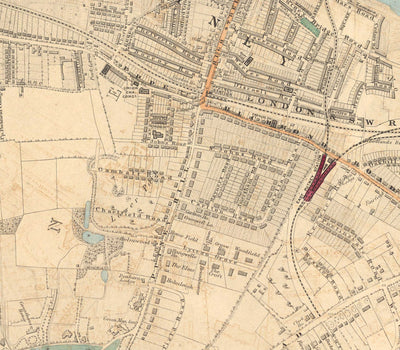 Old Colour Map of South London, 1891 - Wandsworth, Wimbledon, Putney, Earlsfield, River Wandle - SW15, SW18, SW19
