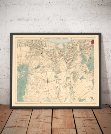 Ancienne carte en couleur du sud de Londres, 1891 - Wandsworth, Wimbledon, Putney, Earlsfield, River Wandle - SW15, SW18, SW19