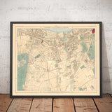 Antiguo mapa en color del sur de Londres, 1891 - Wandsworth, Wimbledon, Putney, Earlsfield, río Wandle - SW15, SW18, SW19