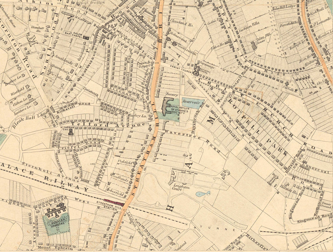 Old Colour Map of South London, 1891 - Clapham, Balham, Brixton, Tooting, Common, Park - SW2, SW4, SW12, SW17, SW11